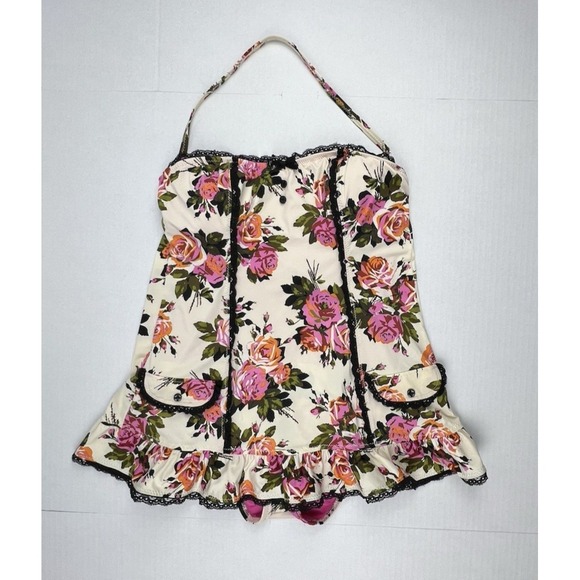 Betsey Johnson Other - BETSEY JOHNSON One-Piece Skirted Corset Floral Cream Pink Black Lace Bows Small